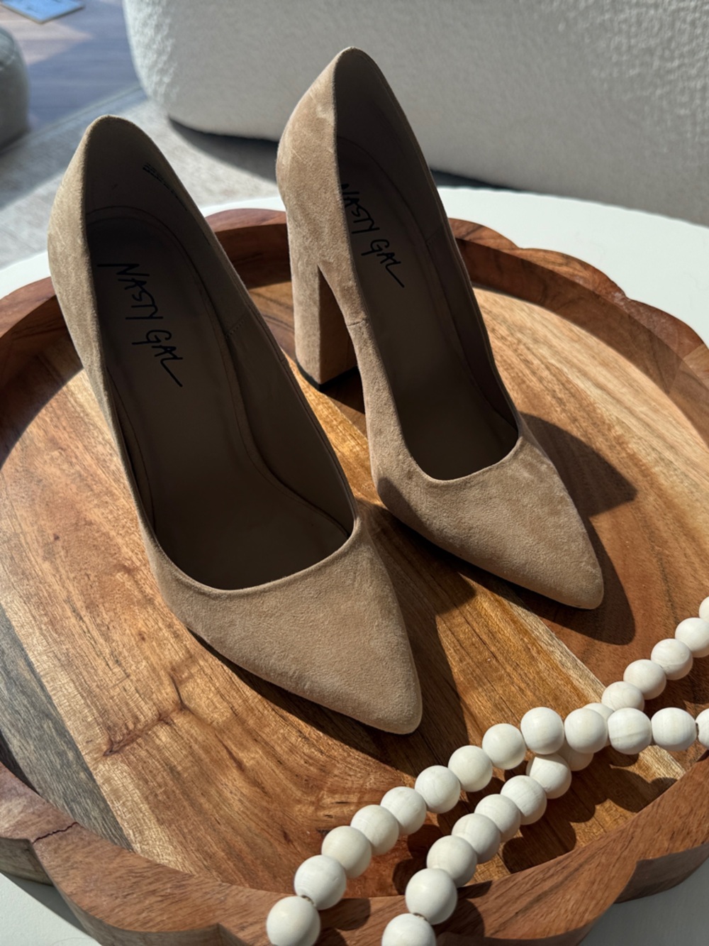 Nasty Gal Taupe Suede Pointed-Toe Block Heels size 6.5. 4 inches.